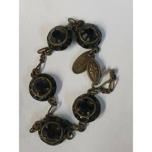 Liz Palacios Bracelet Blue Scroll Accents Antique Brass tone Signed EUC! 7"